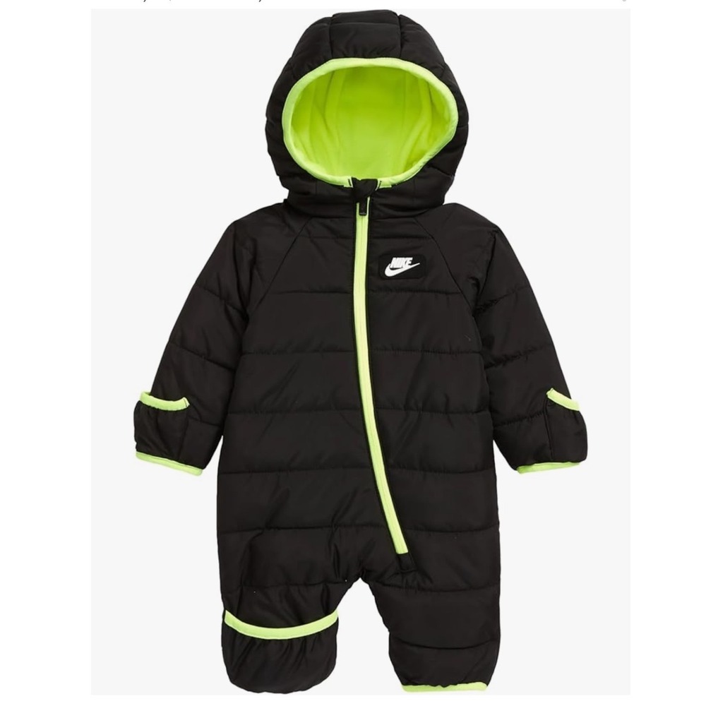 Nike | Baby Boy Black Neon Green Fleece Line Hooded Puffer Bunting Snowsuit, 12M
